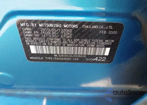 2020 Mitsubishi Mirage Es z USA, uszkodzony, nr VIN ML32A3HJ2LH008436